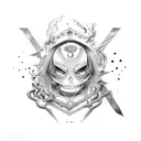 An anime-inspired representation of memento mori, incorporating elements of Fire Force, in a dotwork style tattoo design idea