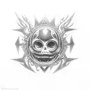 An anime-inspired representation of memento mori, incorporating elements of Fire Force, in a dotwork style tattoo design idea