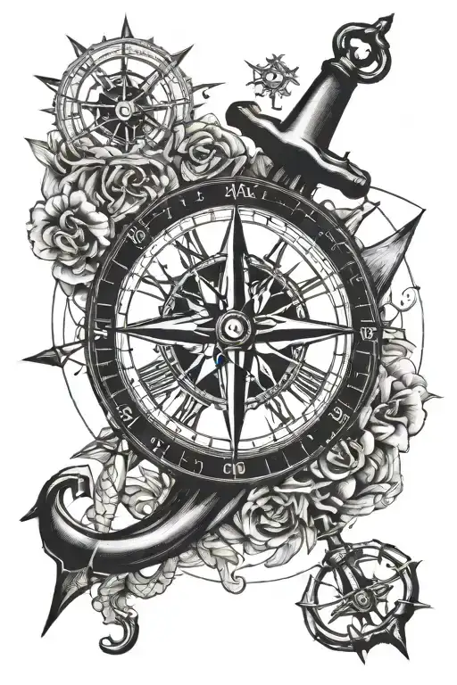 compass anchor clock face tattoo design idea