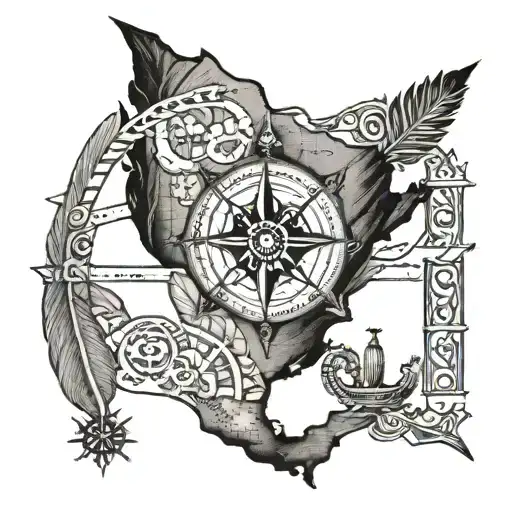Old Mexico map baja california compass feather  tattoo design idea