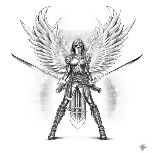 Mechanical wings with Saint Michael's sword as the centerpiece tattoo design idea