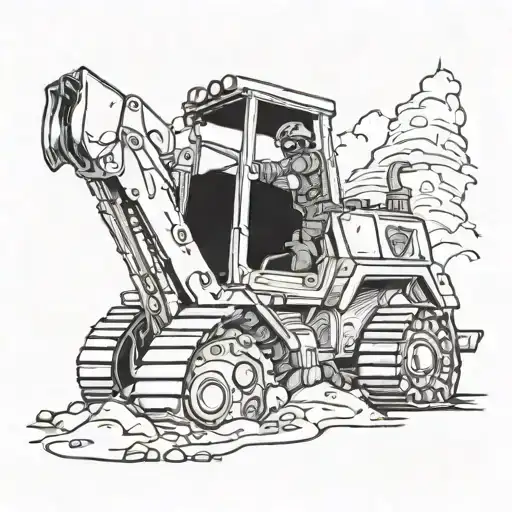 A futuristic video game character riding a backhoe dozer through a post-apocalyptic landscape tattoo design idea