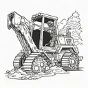 A futuristic video game character riding a backhoe dozer through a post-apocalyptic landscape tattoo design idea