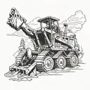 A futuristic video game character riding a backhoe dozer through a post-apocalyptic landscape tattoo design idea