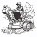A futuristic video game character riding a backhoe dozer through a post-apocalyptic landscape tattoo design idea