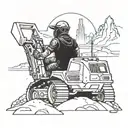 A futuristic video game character riding a backhoe dozer through a post-apocalyptic landscape tattoo design idea