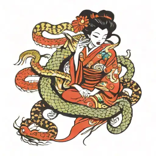 Japanese geisha surrounded by snake and dragon intertwined tattoo design idea