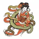 Japanese geisha surrounded by snake and dragon intertwined tattoo design idea
