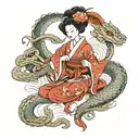 Japanese geisha surrounded by snake and dragon intertwined tattoo design idea