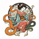Japanese geisha surrounded by snake and dragon intertwined tattoo design idea