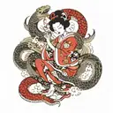 Japanese geisha surrounded by snake and dragon intertwined tattoo design idea