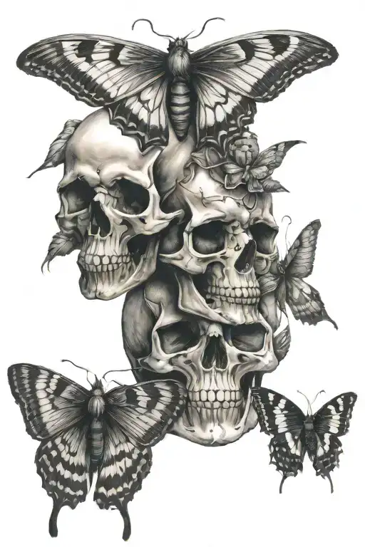 skulls and death moth tattoo design idea