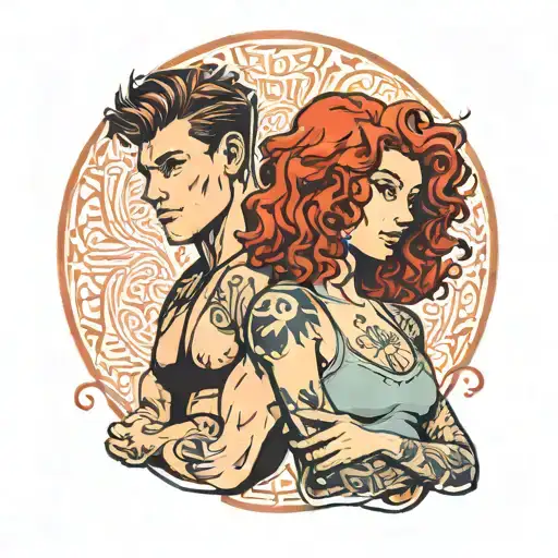 girl with red straight hair and muscular boy with red curly hair tattoo design idea