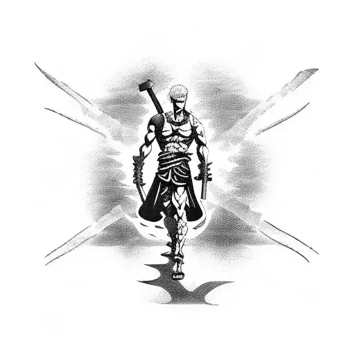 Create a tattoo featuring Zoro from anime One Piece in a Roman gladiator outfit. tattoo design idea