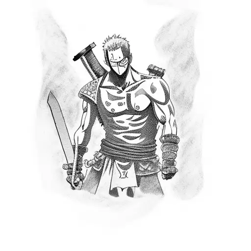 Create a tattoo featuring Zoro from anime One Piece in a Roman gladiator outfit. tattoo design idea