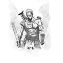 Create a tattoo featuring Zoro from anime One Piece in a Roman gladiator outfit. tattoo design idea