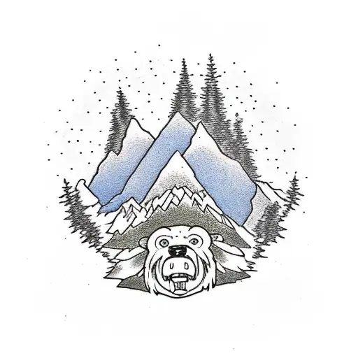 mountain background with oak tree in front. Grateful Dead bear sitting around a fire in front of tree.  tattoo design idea