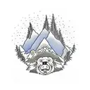mountain background with oak tree in front. Grateful Dead bear sitting around a fire in front of tree.  tattoo design idea