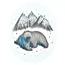 mountain background with oak tree in front. Grateful Dead bear sitting around a fire in front of tree.  tattoo design idea