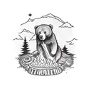 mountain background with oak tree in front. Grateful Dead bear sitting around a fire in front of tree.  tattoo design idea