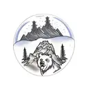 mountain background with oak tree in front. Grateful Dead bear sitting around a fire in front of tree.  tattoo design idea