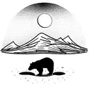 mountain background with oak tree in front. Grateful Dead bear sitting around a fire in front of tree.  tattoo design idea