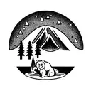 mountain background with oak tree in front. Grateful Dead bear sitting around a fire in front of tree.  tattoo design idea