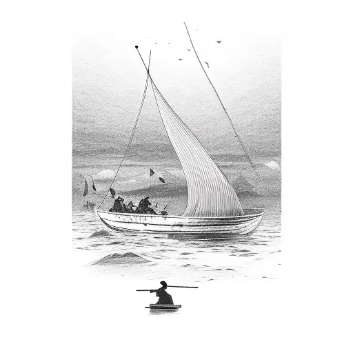a boat with a silhouette inside holding two oars and sailing in the direction of the camera, in front of the boat is a s tattoo design idea