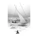 a boat with a silhouette inside holding two oars and sailing in the direction of the camera, in front of the boat is a s tattoo design idea
