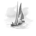 a boat with a silhouette inside holding two oars and sailing in the direction of the camera, in front of the boat is a s tattoo design idea