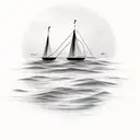 a boat with a silhouette inside holding two oars and sailing in the direction of the camera, in front of the boat is a s tattoo design idea