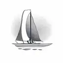 a boat with a silhouette inside holding two oars and sailing in the direction of the camera, in front of the boat is a s tattoo design idea
