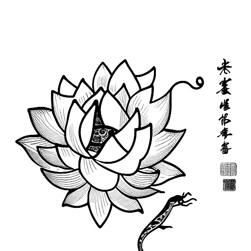Chinese lotus flower with snake animal and knife  tattoo design idea