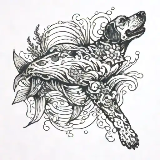 underwater scene with dog swimming in background  tattoo design idea