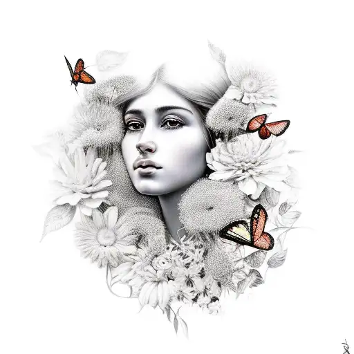 A beautiful portrait of Maria Eduarda surrounded by flowers and butterflies tattoo design idea