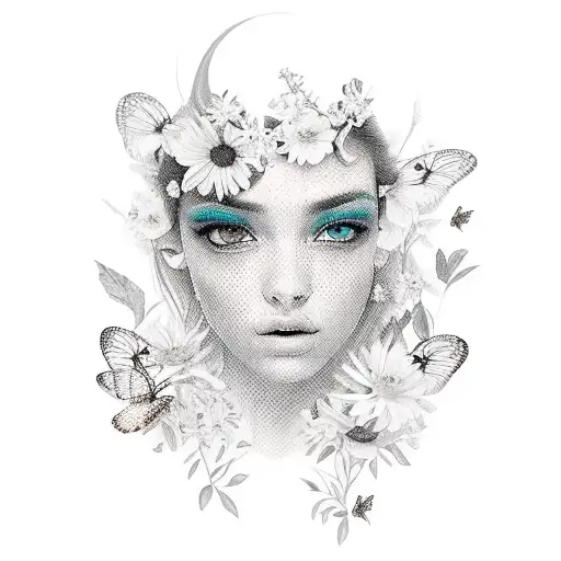 A beautiful portrait of Maria Eduarda surrounded by flowers and butterflies tattoo design idea