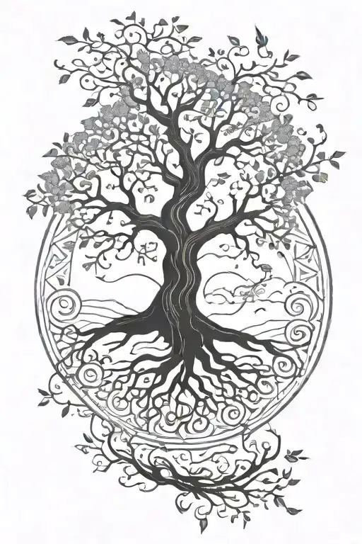 Tree of life with the name Evelyn in the left beach and Xavier in the right branch tattoo design idea