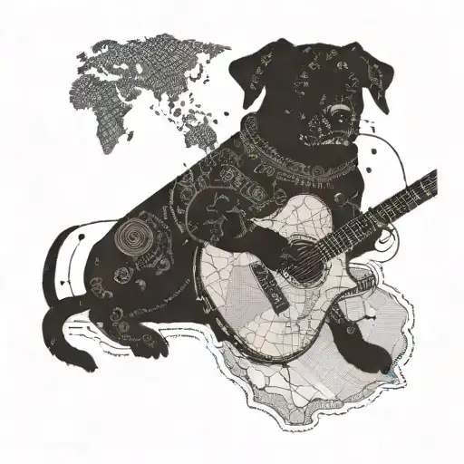 A silhouette of a dog playing a guitar with a map of the Dominican Republic in the background tattoo design idea