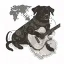 A silhouette of a dog playing a guitar with a map of the Dominican Republic in the background tattoo design idea