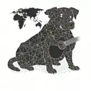 A silhouette of a dog playing a guitar with a map of the Dominican Republic in the background tattoo design idea