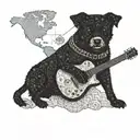 A silhouette of a dog playing a guitar with a map of the Dominican Republic in the background tattoo design idea