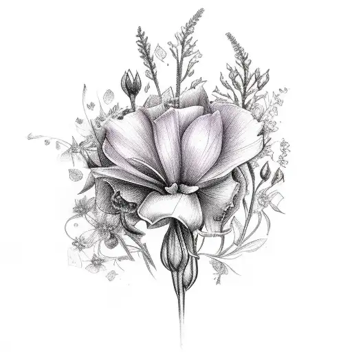 bouquet of flowers with a poppie, lillie, lilac, rose, bleeding heart, azalea tattoo design idea