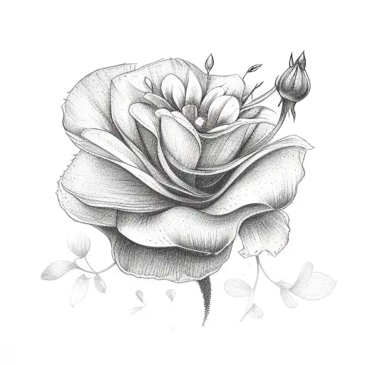 bouquet with a poppie, lillie, lilac, rose, bleeding heart, azalea tattoo design idea