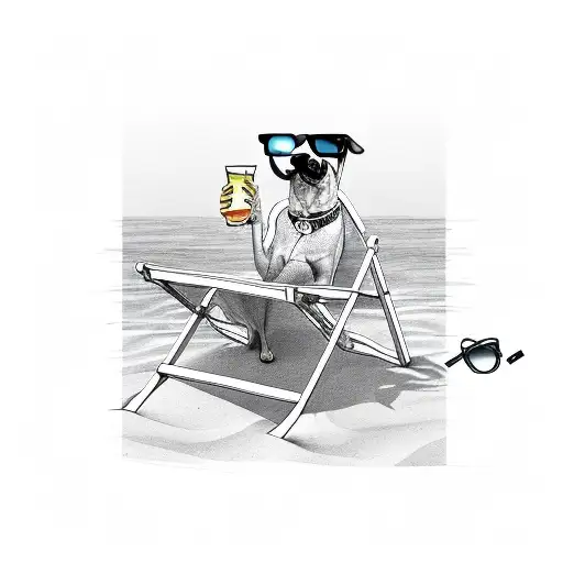 A humanoid dog lying on a beach chair wearing sunglasses and with a drink in his hand sunbathing on the edge of the pool tattoo design idea