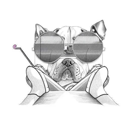 A humanoid dog lying on a beach chair wearing sunglasses and with a drink in his hand sunbathing on the edge of the pool tattoo design idea