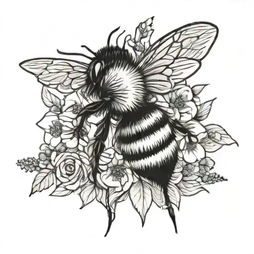 bumble bee and floral tattoo design idea