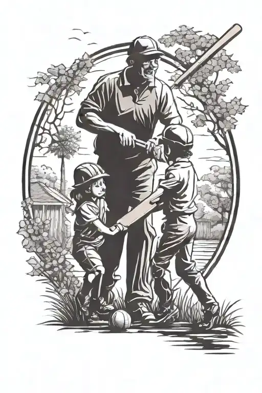 Create a tattoo featuring a silhouette of a father with his two children, Ottilie and Fletcher, playing cricket on a sunny day, capturing the bond between father and kids tattoo design idea