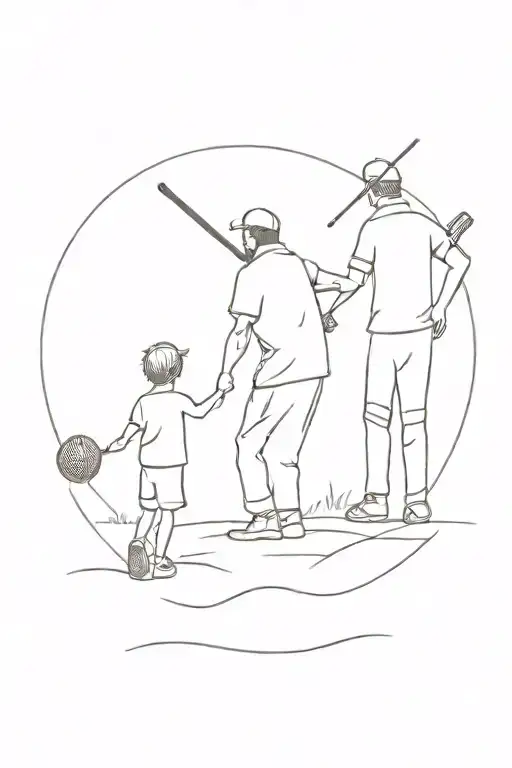 Create a tattoo featuring a silhouette of a father with his two children, Ottilie and Fletcher, playing cricket on a sunny day, capturing the bond between father and kids tattoo design idea