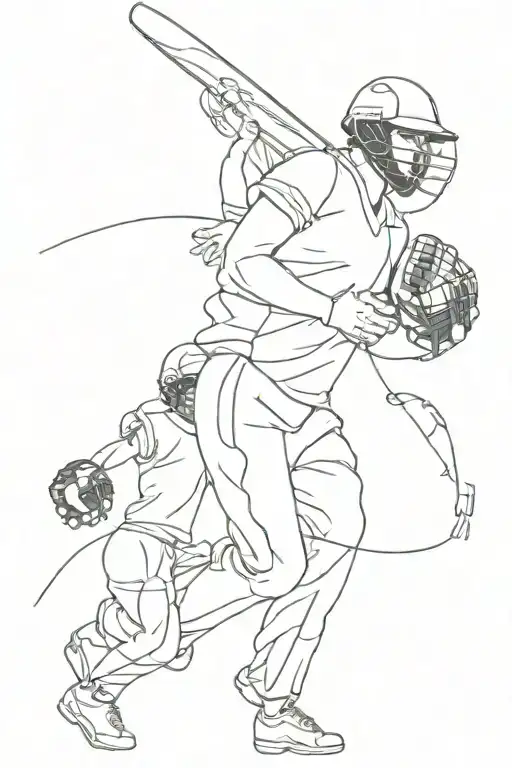 cricket player with baby boy and toddler girl entwined.  tattoo design idea