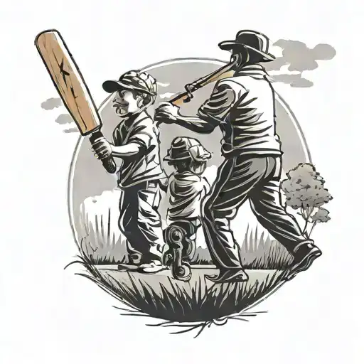 Create a tattoo featuring a silhouette of a father with his two children, Ottilie and Fletcher, playing cricket on a sunny day, capturing the bond between father and kids tattoo design idea